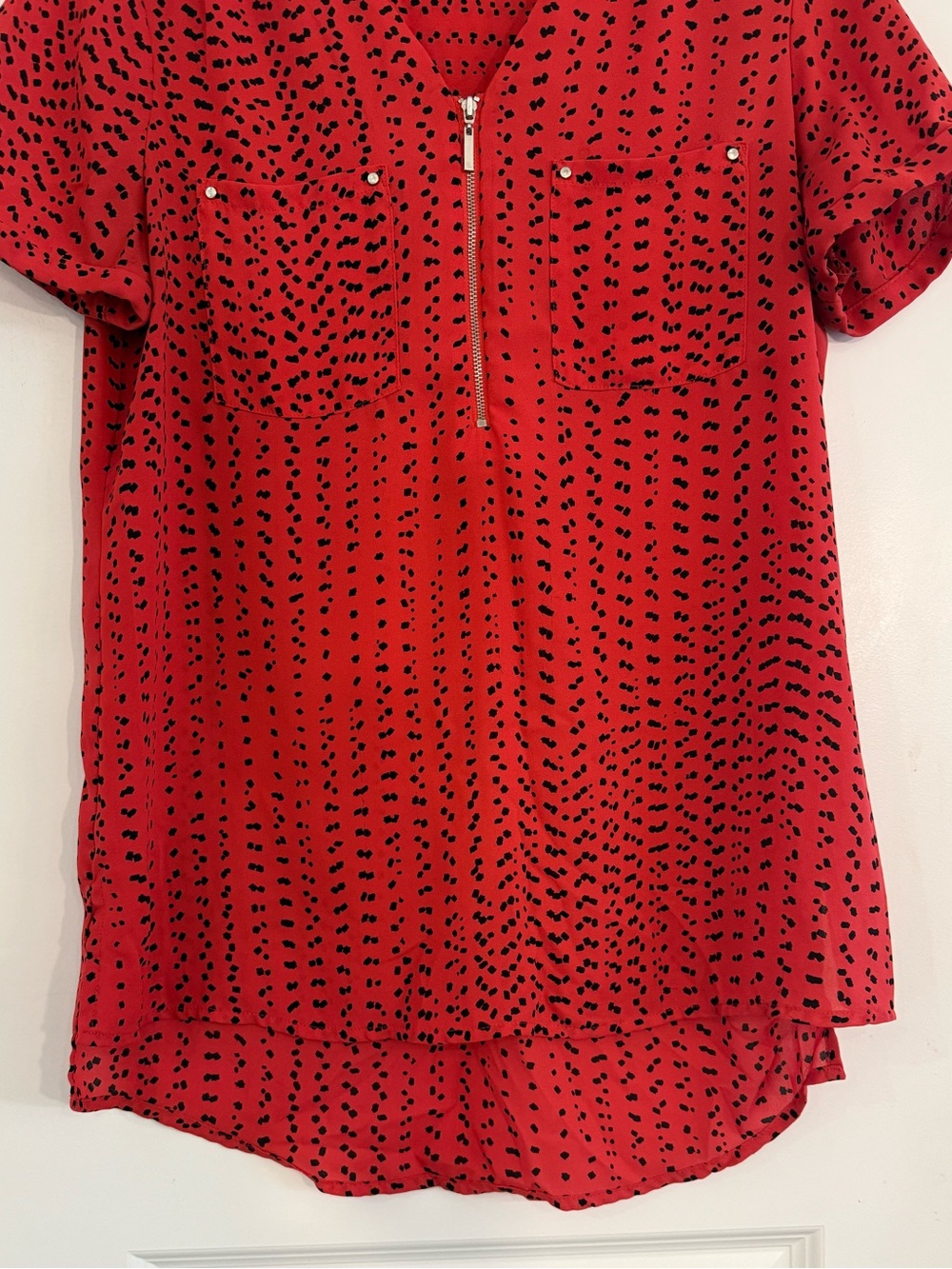 Printed Zip Front Blouse Women’s S Short Sleeve Business Casual - Picture 4 of 6